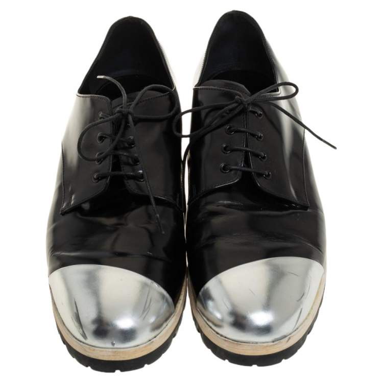 Pre Owned Miu Miu Black/Silver Leather Lace Up Derby Size 38