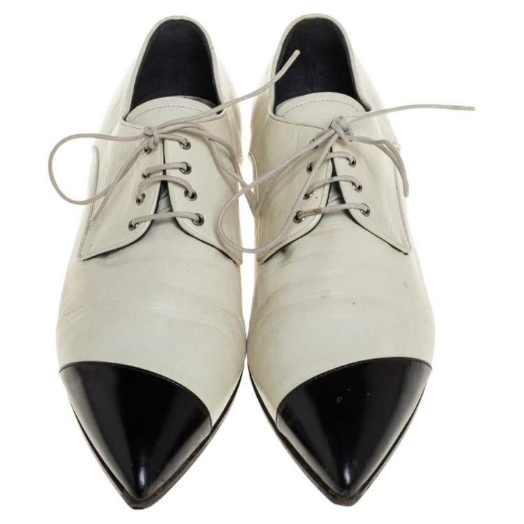 Pre Owned Miu Miu Off-white/Black Leather Cap Toe Pointed Toe Derby Size 38