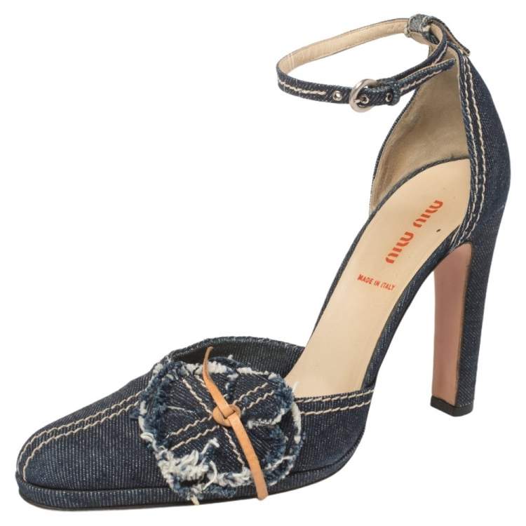 Pre Owned Miu Miu Blue Denim Floral D'orsay Pumps Size 38