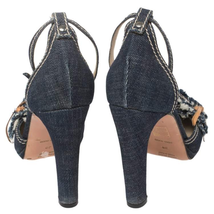 Pre Owned Miu Miu Blue Denim Floral D'orsay Pumps Size 38
