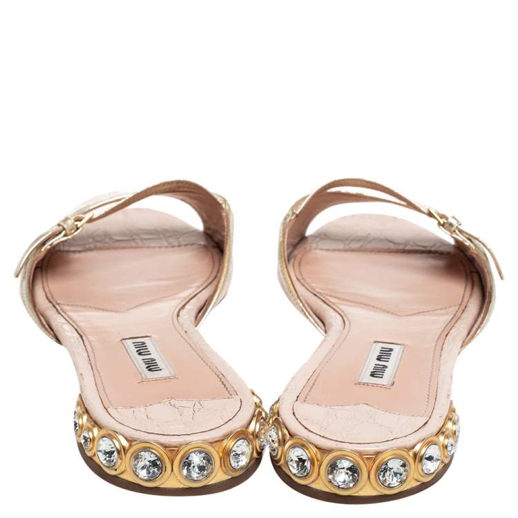 Pre Owned Miu Miu Beige /Gold Croc-Embossed Patent And Leather Crystal Embellished Sandals Size 37