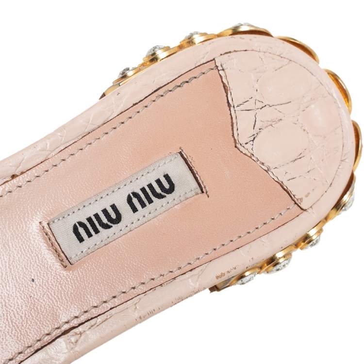Pre Owned Miu Miu Beige /Gold Croc-Embossed Patent And Leather Crystal Embellished Sandals Size 37