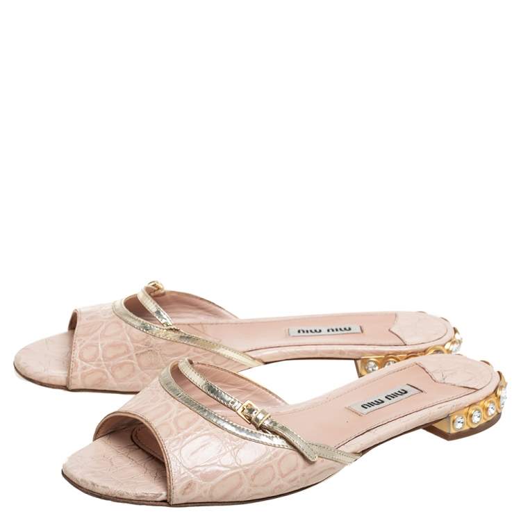 Pre Owned Miu Miu Beige /Gold Croc-Embossed Patent And Leather Crystal Embellished Sandals Size 37