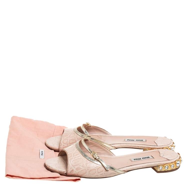 Pre Owned Miu Miu Beige /Gold Croc-Embossed Patent And Leather Crystal Embellished Sandals Size 37