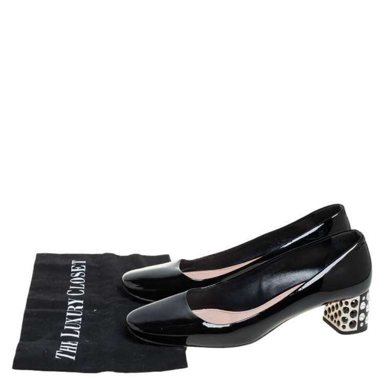 Pre Owned Miu Miu Black Patent Leather Crystal Embellished Block Heel Pumps Size 38.5