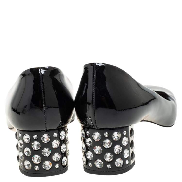 Pre Owned Miu Miu Black Patent Leather Crystal Embellished Block Heel Pumps Size 38.5