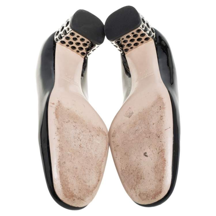 Pre Owned Miu Miu Black Patent Leather Crystal Embellished Block Heel Pumps Size 38.5