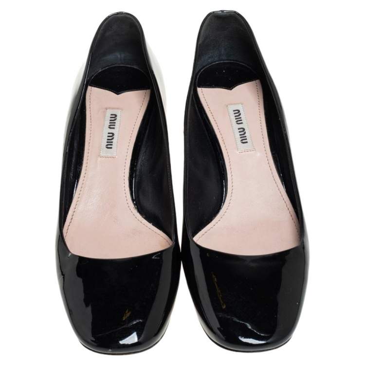 Pre Owned Miu Miu Black Patent Leather Crystal Embellished Block Heel Pumps Size 38.5