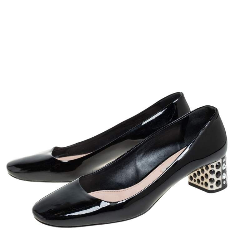 Pre Owned Miu Miu Black Patent Leather Crystal Embellished Block Heel Pumps Size 38.5