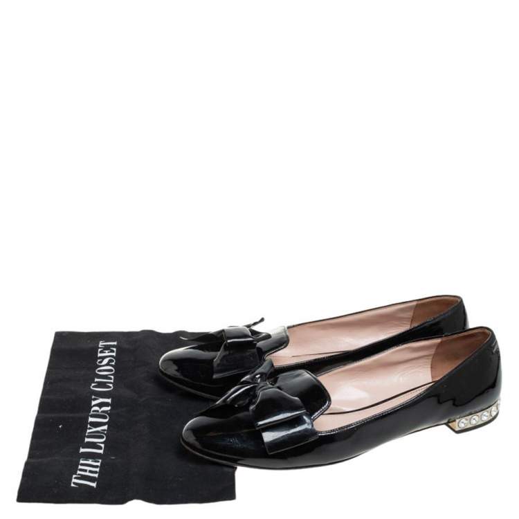 Pre Owned Miu Miu Black Patent Leather Bow Crystal Embellished Ballet Flats Size 40.5