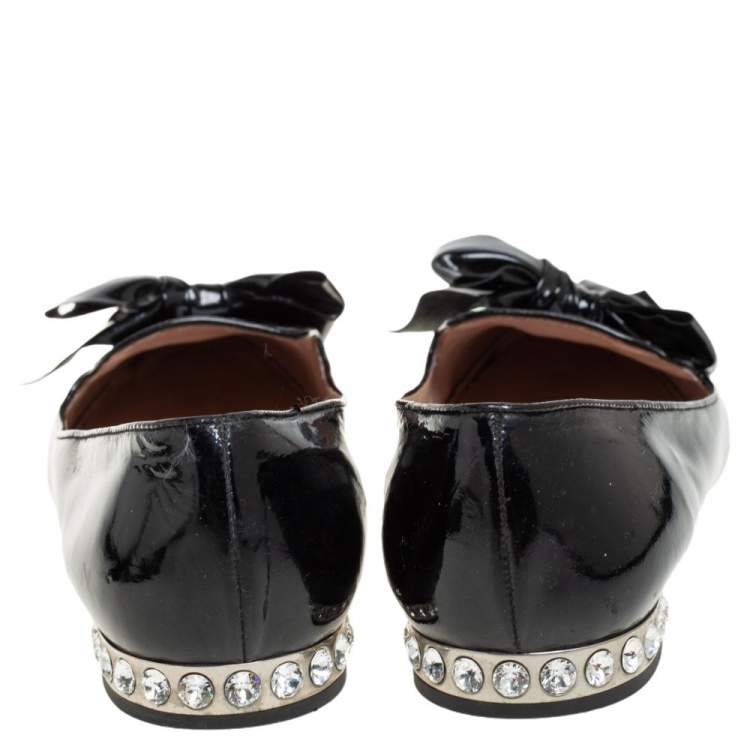Pre Owned Miu Miu Black Patent Leather Bow Crystal Embellished Ballet Flats Size 40.5