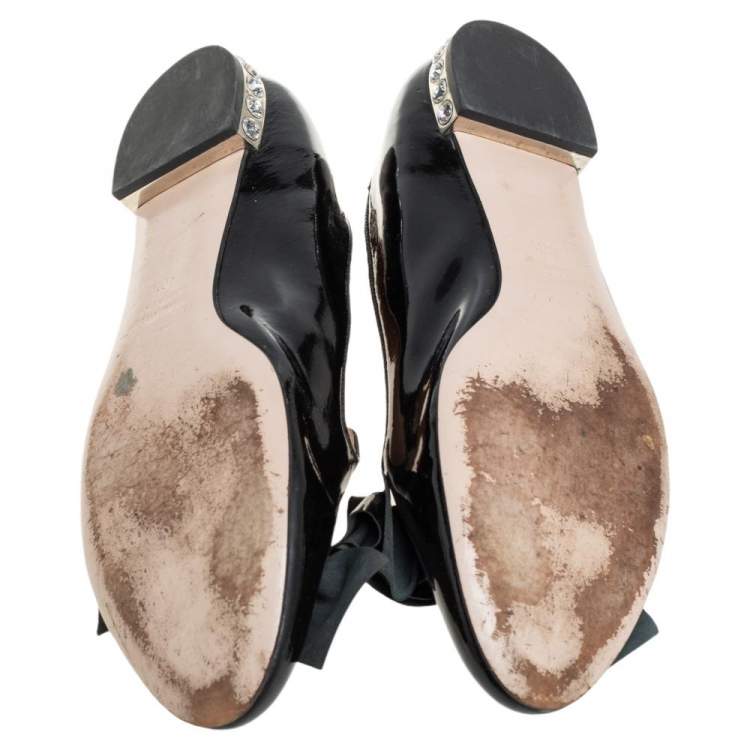 Pre Owned Miu Miu Black Patent Leather Bow Crystal Embellished Ballet Flats Size 40.5