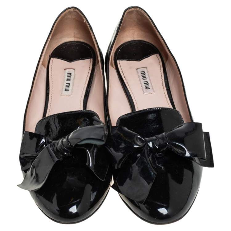 Pre Owned Miu Miu Black Patent Leather Bow Crystal Embellished Ballet Flats Size 40.5