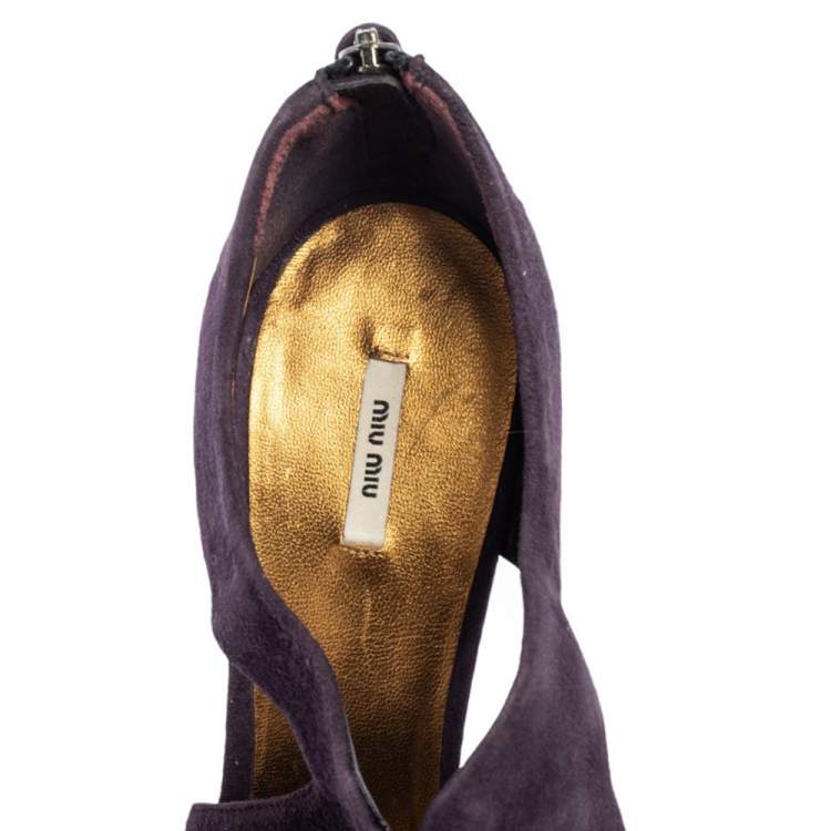 Pre Owned Miu Miu Purple Suede Cut Out Embellished Heel Round Toe Pumps Size 39.5