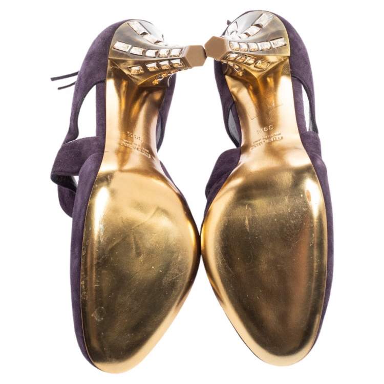 Pre Owned Miu Miu Purple Suede Cut Out Embellished Heel Round Toe Pumps Size 39.5