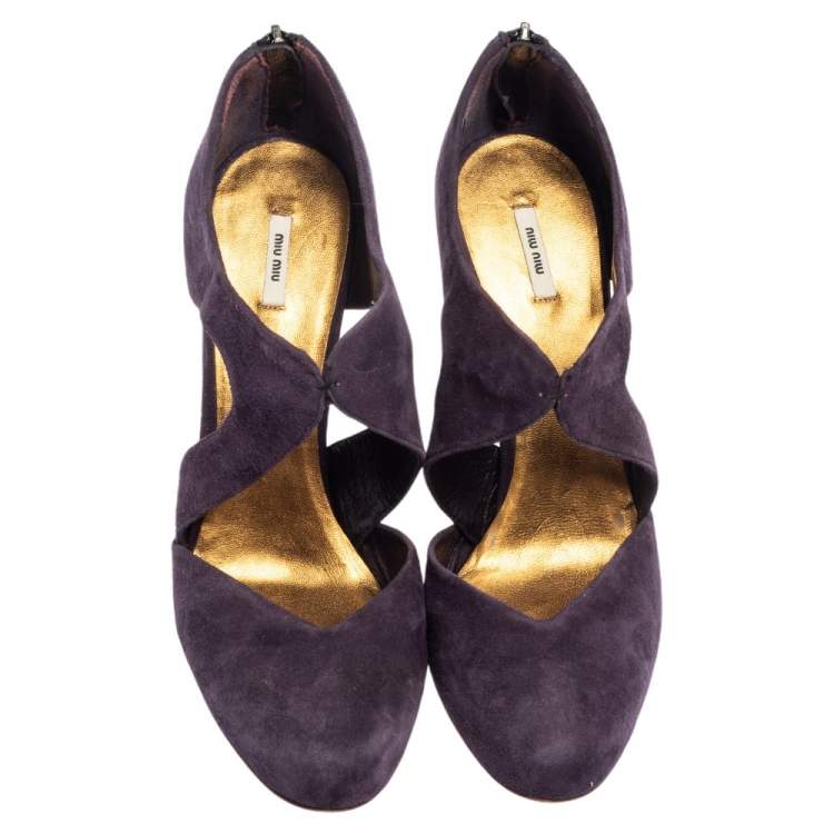 Pre Owned Miu Miu Purple Suede Cut Out Embellished Heel Round Toe Pumps Size 39.5