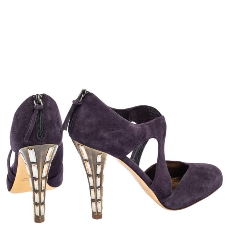 Pre Owned Miu Miu Purple Suede Cut Out Embellished Heel Round Toe Pumps Size 39.5