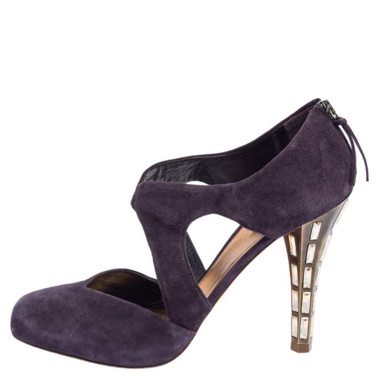 Pre Owned Miu Miu Purple Suede Cut Out Embellished Heel Round Toe Pumps Size 39.5