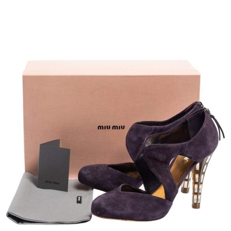 Pre Owned Miu Miu Purple Suede Cut Out Embellished Heel Round Toe Pumps Size 39.5