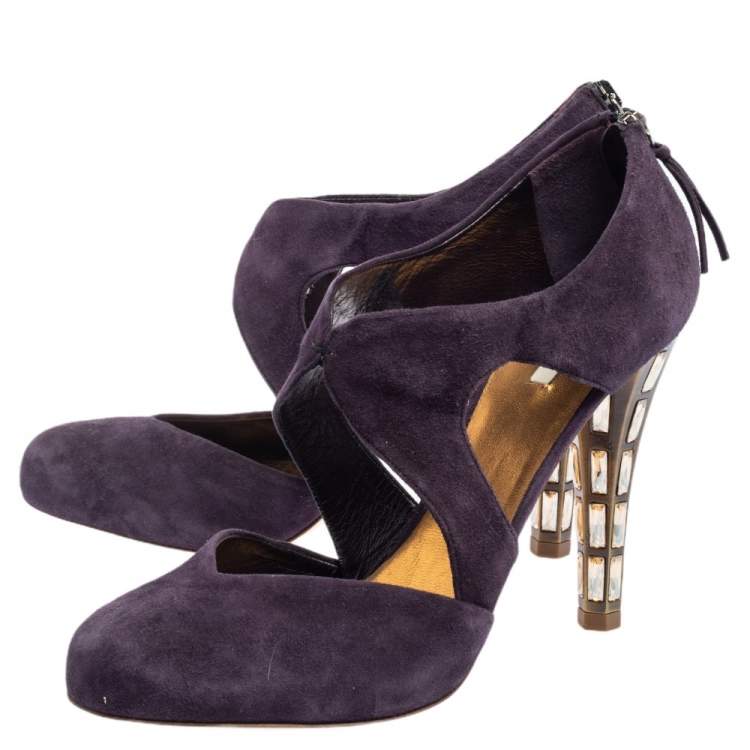 Pre Owned Miu Miu Purple Suede Cut Out Embellished Heel Round Toe Pumps Size 39.5