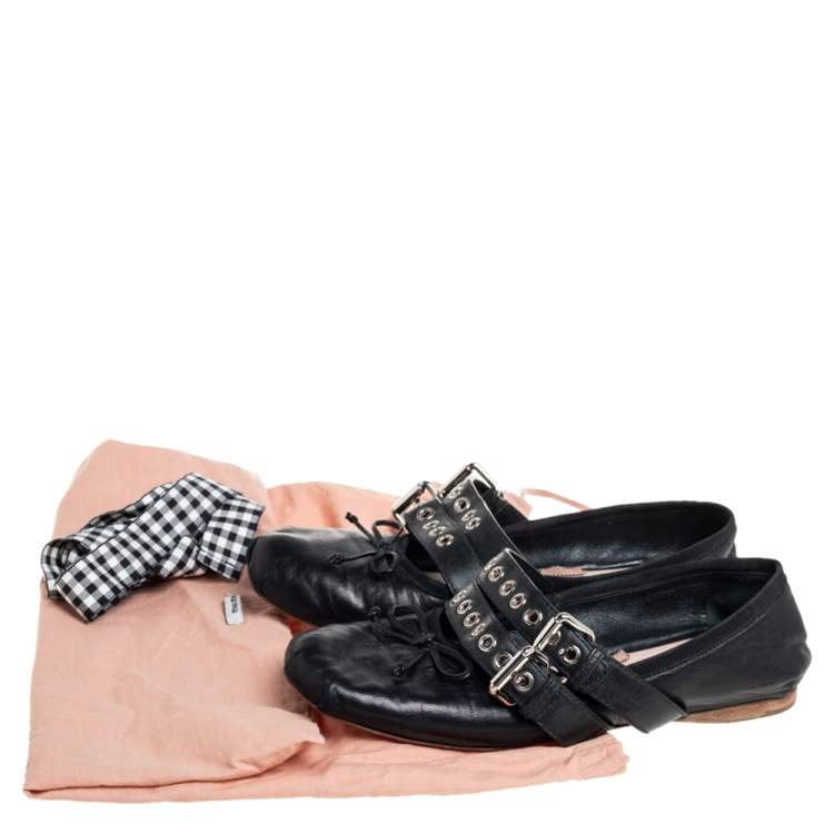 Pre Owned Miu Miu Black Leather Buckle Ballet Flats Size 38