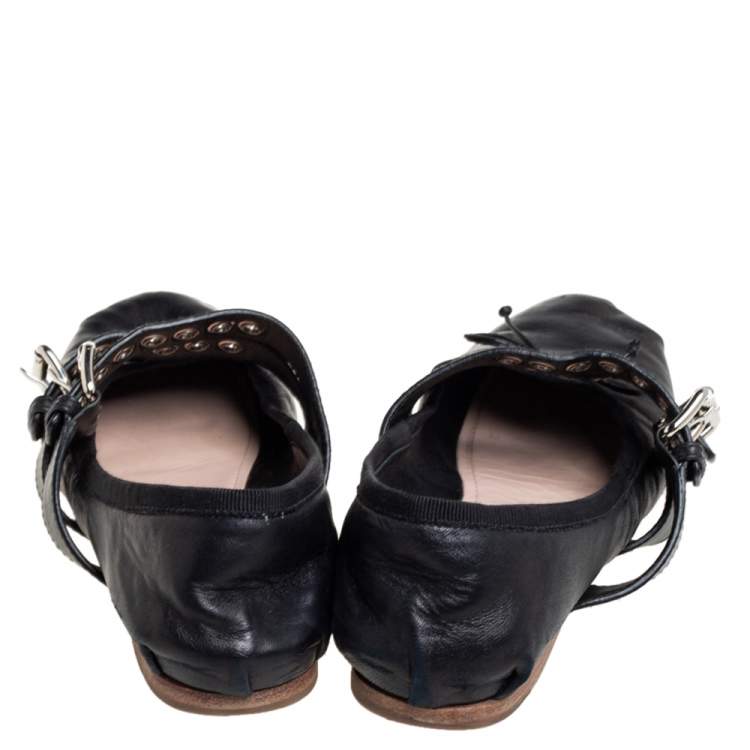 Pre Owned Miu Miu Black Leather Buckle Ballet Flats Size 38