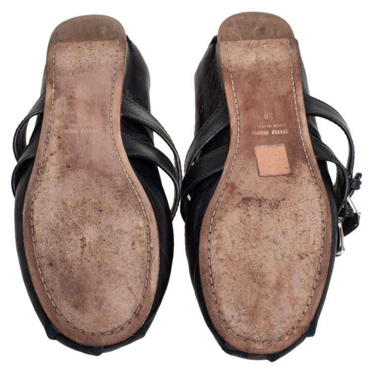 Pre Owned Miu Miu Black Leather Buckle Ballet Flats Size 38