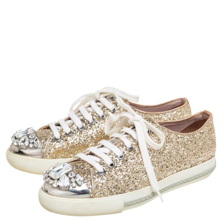Pre Owned Miu Miu Gold Glitter Crystal Embellished Metal Cap Toe Low Top Sneakers Size 37
