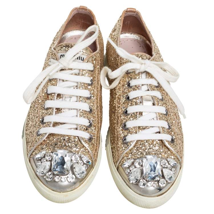 Pre Owned Miu Miu Gold Glitter Crystal Embellished Metal Cap Toe Low Top Sneakers Size 37