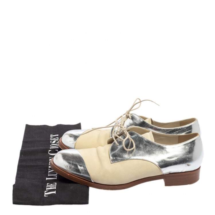 Pre Owned Miu Miu Metallic Sliver And Beige Patent And Leather Oxfords Size 38