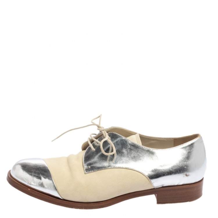 Pre Owned Miu Miu Metallic Sliver And Beige Patent And Leather Oxfords Size 38