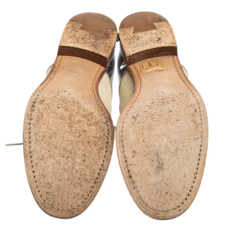 Pre Owned Miu Miu Metallic Sliver And Beige Patent And Leather Oxfords Size 38