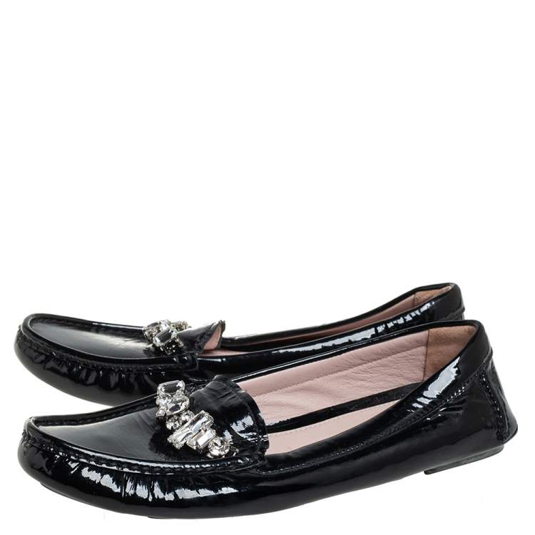 Pre Owned Miu Miu Black Patent Leather Crystal Embellished Loafers Size 38