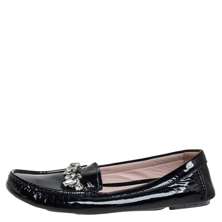 Pre Owned Miu Miu Black Patent Leather Crystal Embellished Loafers Size 38