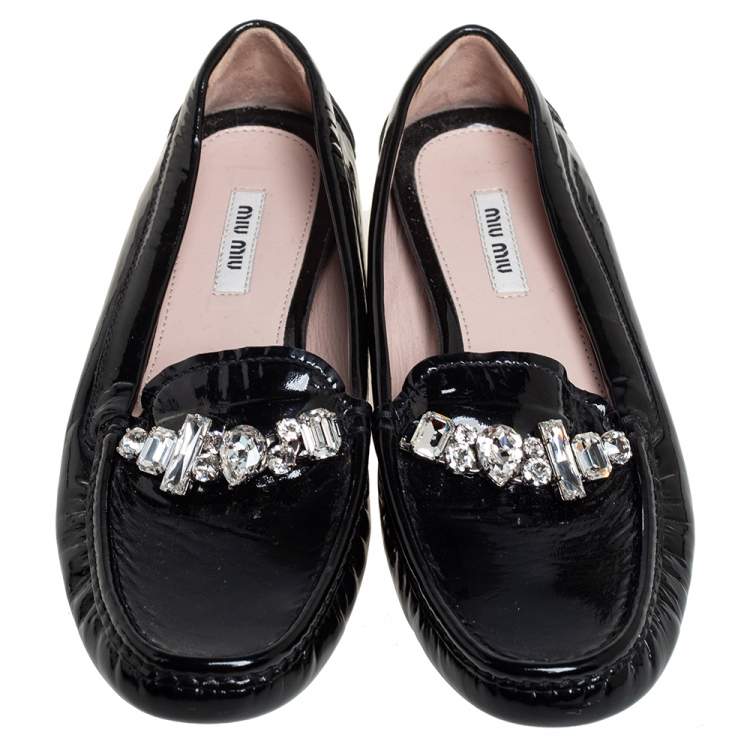 Pre Owned Miu Miu Black Patent Leather Crystal Embellished Loafers Size 38