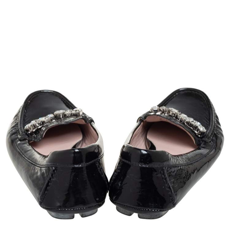 Pre Owned Miu Miu Black Patent Leather Crystal Embellished Loafers Size 38