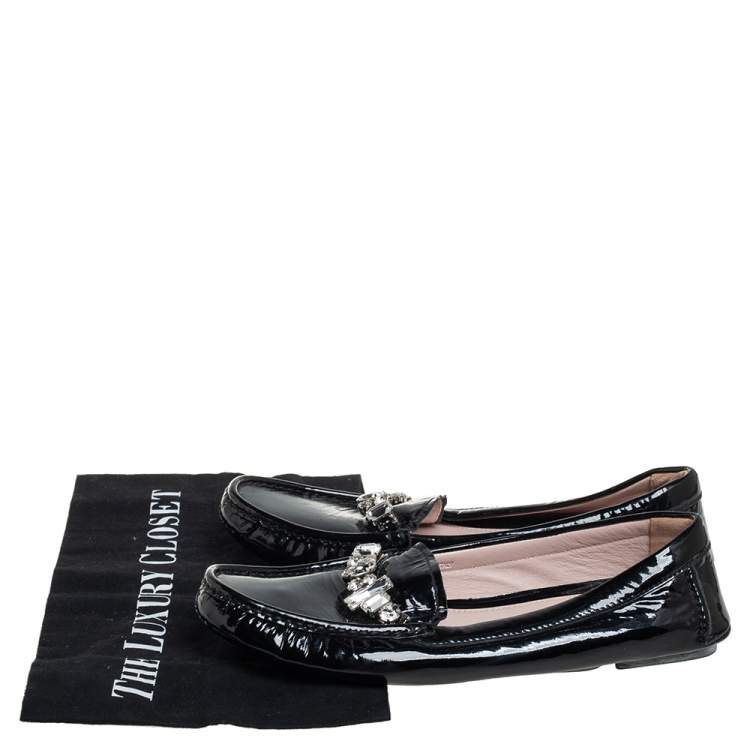 Pre Owned Miu Miu Black Patent Leather Crystal Embellished Loafers Size 38