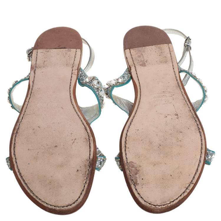 Pre Owned Miu Miu Silver Glitter And Leather Crystal Embellished Flat Ankle Strap Sandals Size 38