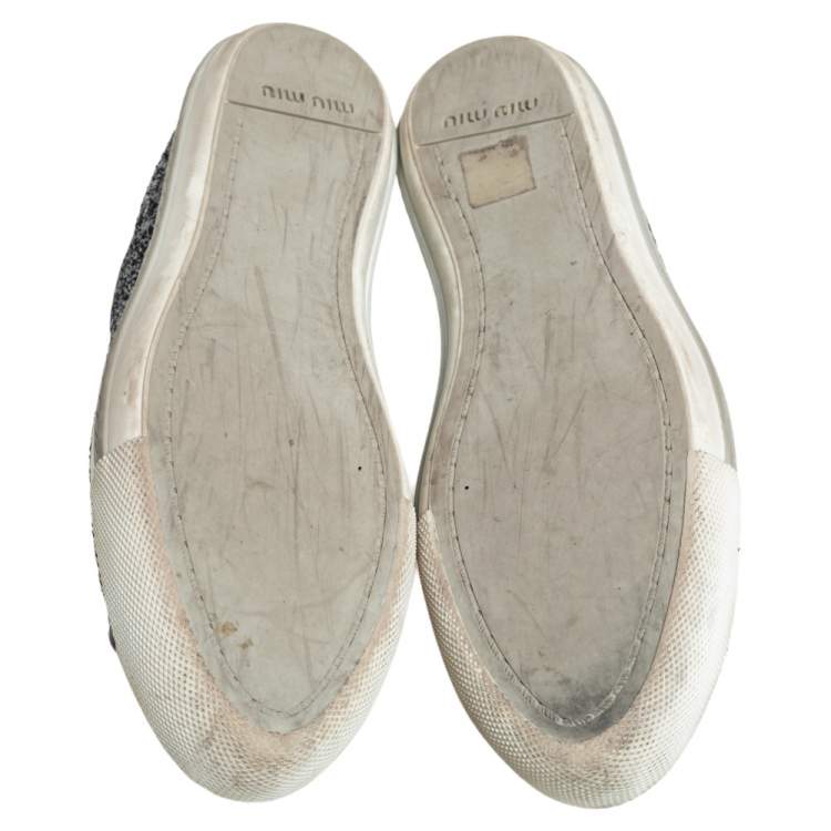 Pre Owned Miu Miu Grey Glitter And Metal Cap Toe Low Top Sneakers Size 38.5