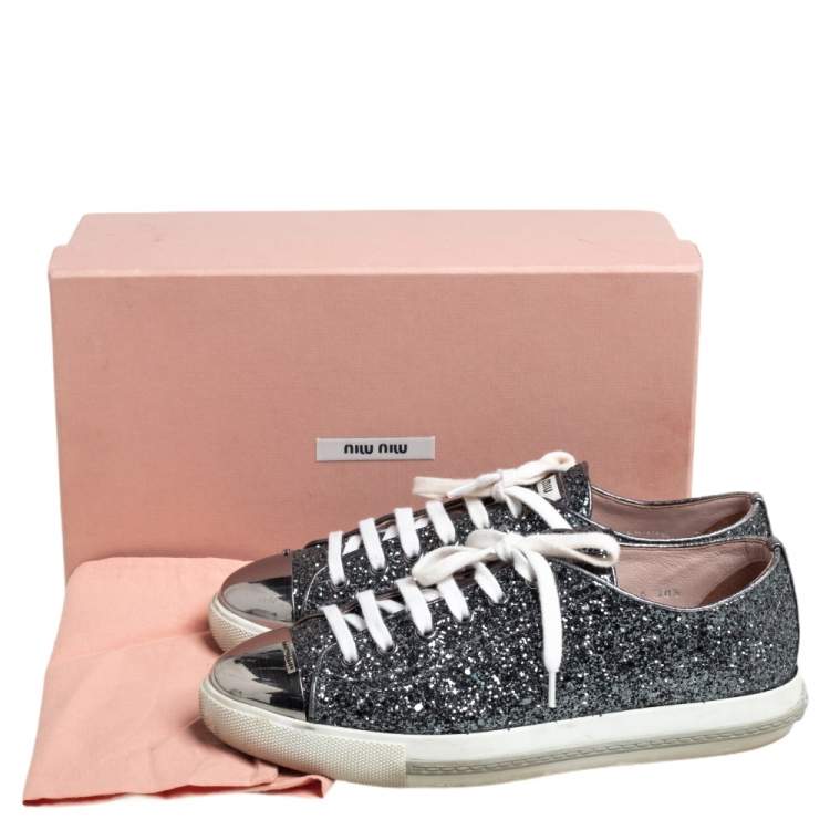 Pre Owned Miu Miu Grey Glitter And Metal Cap Toe Low Top Sneakers Size 38.5