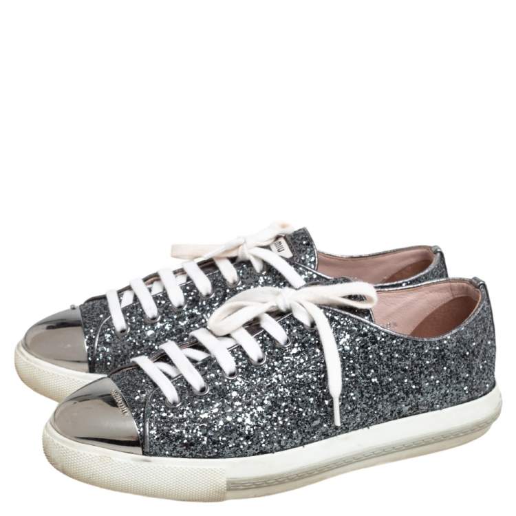 Pre Owned Miu Miu Grey Glitter And Metal Cap Toe Low Top Sneakers Size 38.5