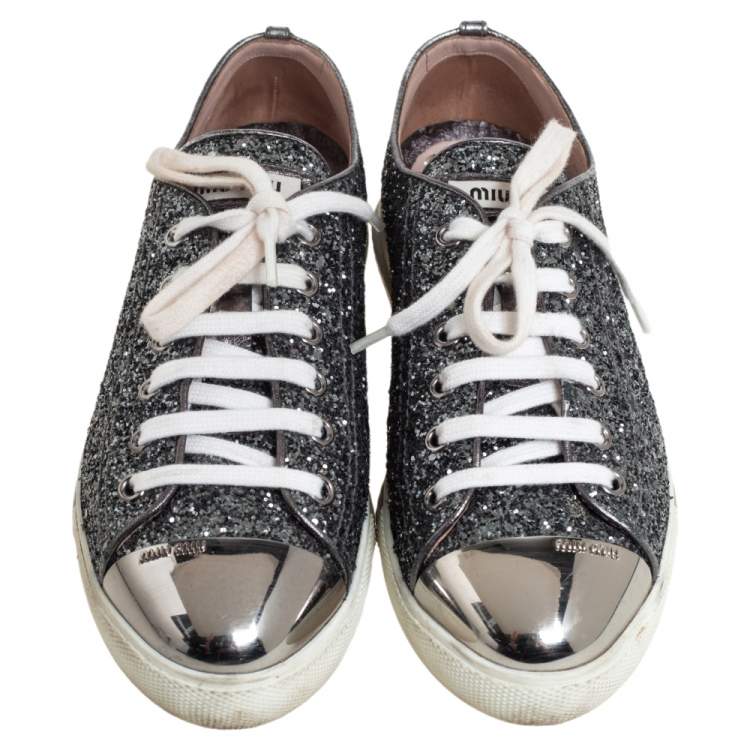 Pre Owned Miu Miu Grey Glitter And Metal Cap Toe Low Top Sneakers Size 38.5