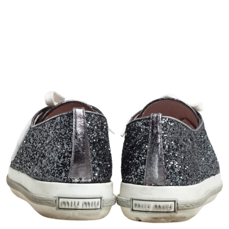 Pre Owned Miu Miu Grey Glitter And Metal Cap Toe Low Top Sneakers Size 38.5