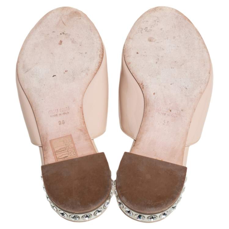 Pre Owned Miu Miu Beige Patent Leather Bow Detail Jeweled Heel Slide Flats Sandals Size 38 