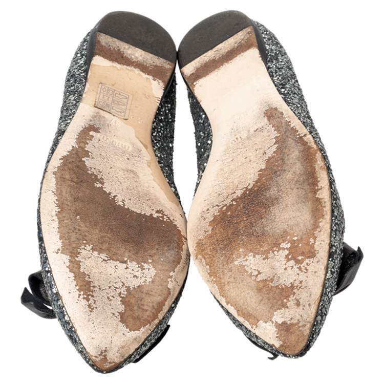 Pre Owned Miu Miu Metallic Grey Glitter Bow Ballet Flats Size 37