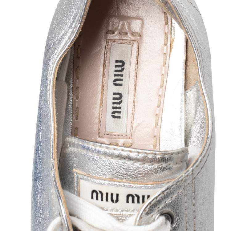 Pre Owned Miu Miu Metallic Silver Leather Espadrille Sneakers Size 38