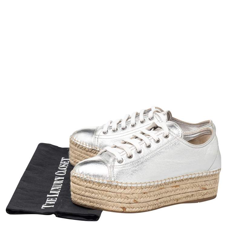 Pre Owned Miu Miu Metallic Silver Leather Espadrille Sneakers Size 38