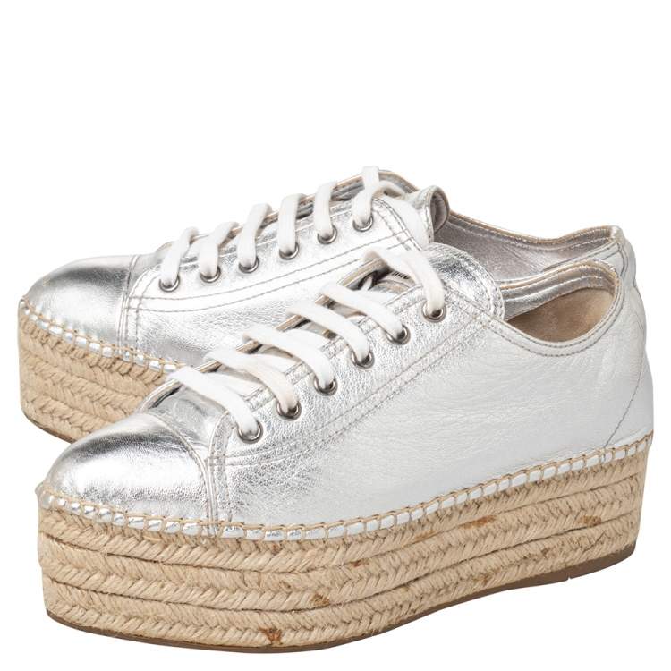 Pre Owned Miu Miu Metallic Silver Leather Espadrille Sneakers Size 38