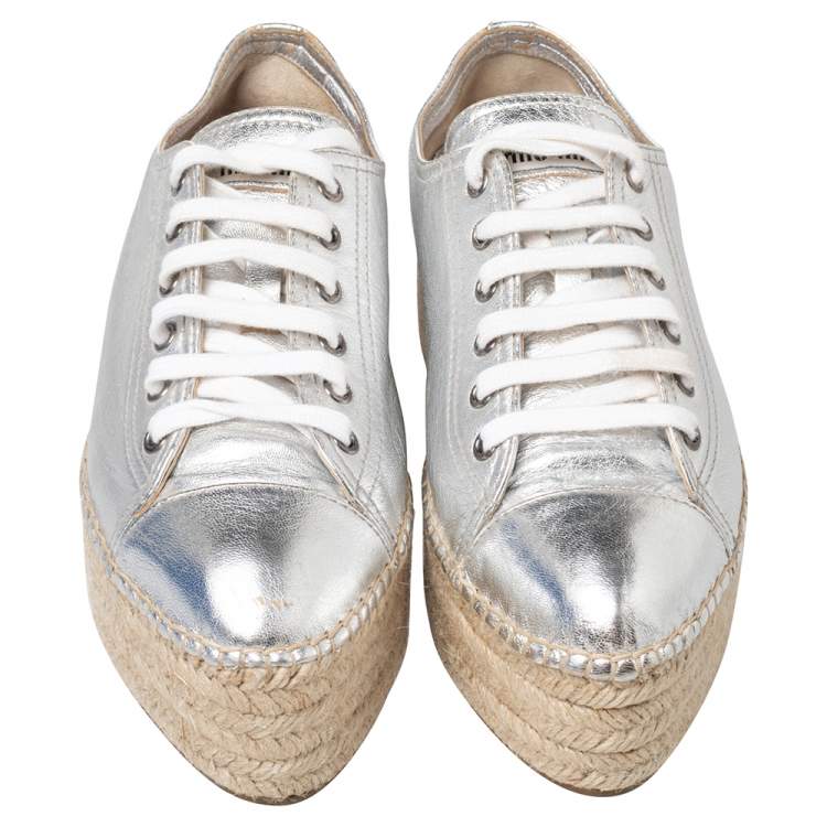 Pre Owned Miu Miu Metallic Silver Leather Espadrille Sneakers Size 38