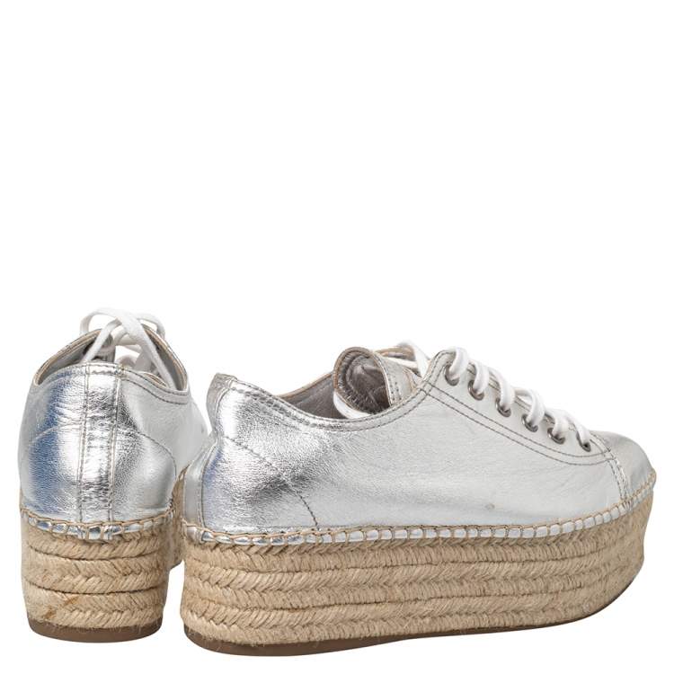 Pre Owned Miu Miu Metallic Silver Leather Espadrille Sneakers Size 38